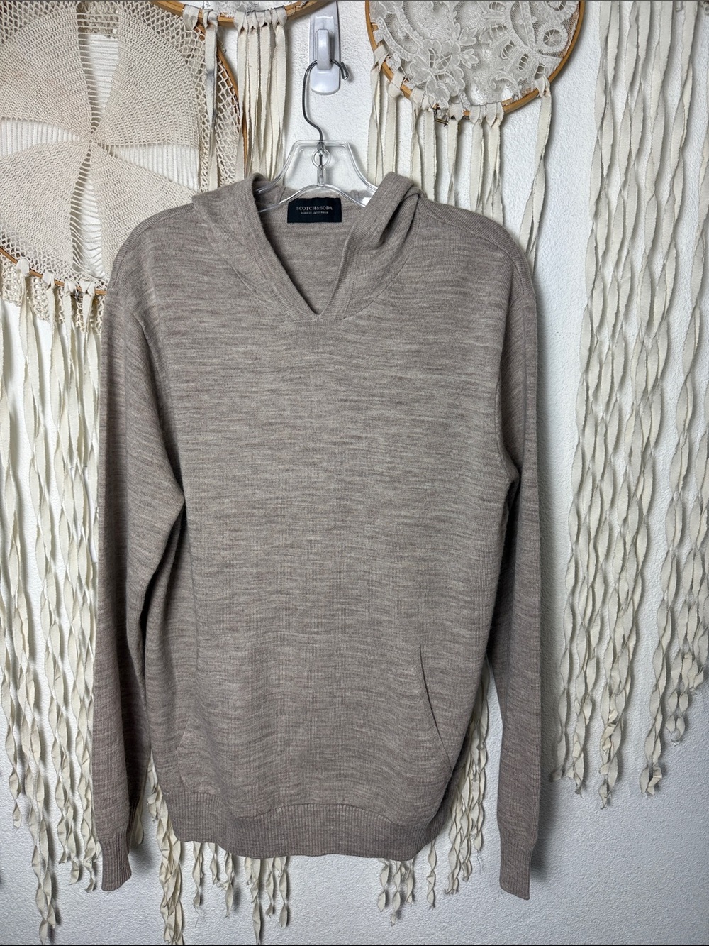 Scotch & Soda Tan 100% Wool Pullover Knit Hoodie Size Large